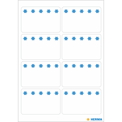 Ein Blatt mit neun leeren Etiketten, jeweils mit einer blauen Schneeflocke am oberen Rand.