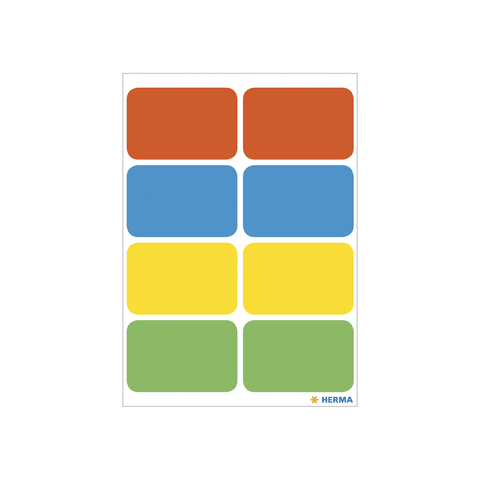 Bunte Etiketten auf einem Bogen, angeordnet in vier Reihen mit unterschiedlichen Farben: rot, blau, gelb und grün.