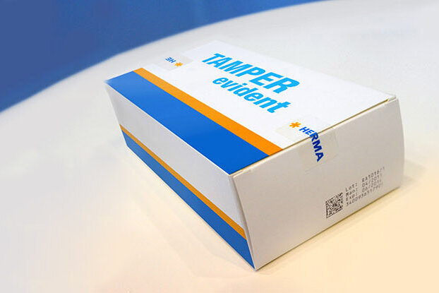 Tamper Evident Etiket op HERMA-verpakking, originele sluiting, liggend formaat