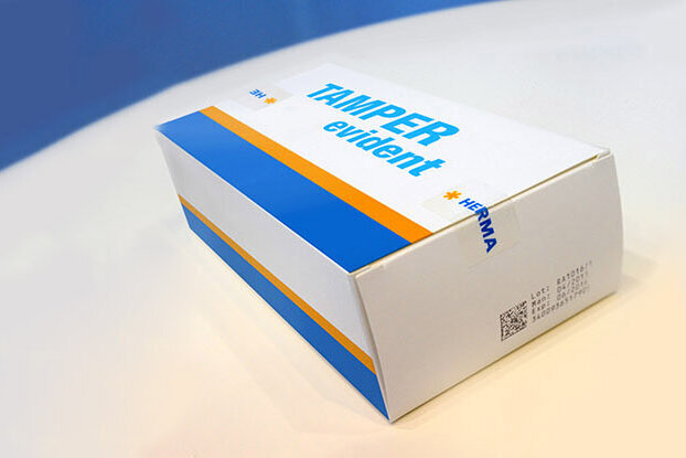 Tamper Evident Etiket op HERMA-verpakking, originele sluiting, liggend formaat