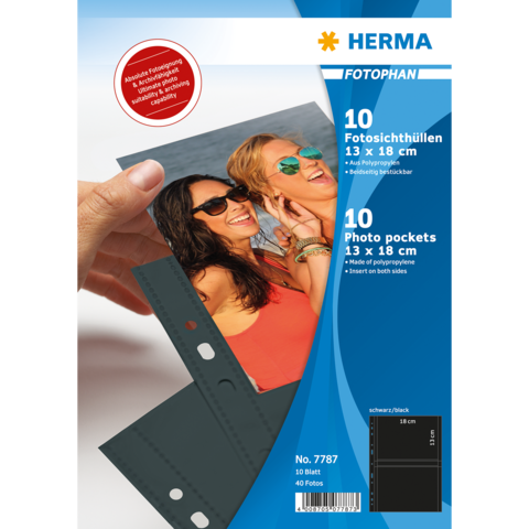 Fotohüllen von Herma, 10 Stück, für Fotos 13 x 18 cm, schwarz, mit zwei Einschüben pro Hülle. Ideal zum Schutz von Bildern.