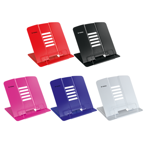 Fünf verschiedene Ständer in Rot, Schwarz, Pink, Blau und Weiß, geeignet für die Aufbewahrung von Dokumenten oder Tablets.