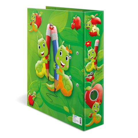 Ein Ordner mit bunten, cartoonhaften Raupen, die Buntstifte halten, umgeben von Äpfeln und Blättern.