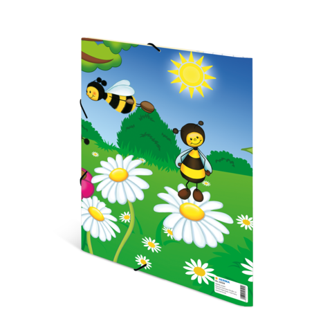 Bunte Illustration mit lächelnden Bienen, die über Wiesen mit Margeriten fliegen, unter einem sonnigen Himmel.