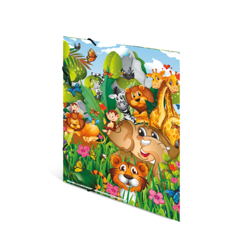 Bunte Tierillustration mit einer Giraffe, einem Tiger, einem Affen und anderen Tieren in einer blühenden Landschaft mit Blumen und Schmetterlingen.