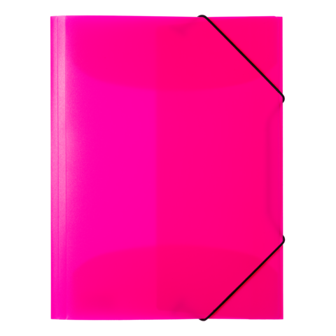 Rosa Klarsichtmappe mit schwarzem Gummibandverschluss.