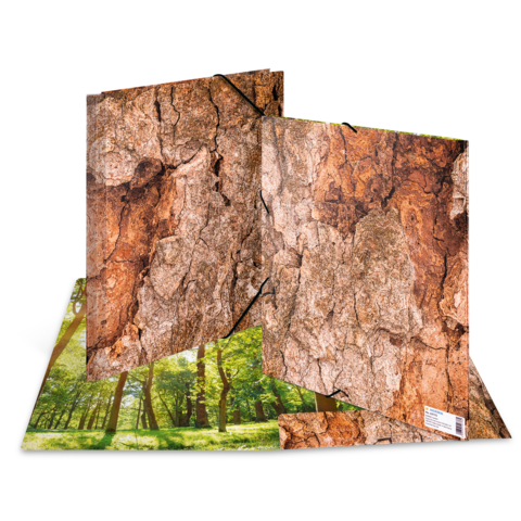 Zwei offene Ordner mit einer Baumrinde-Textur auf der Außenseite und einem Bild von einem Wald im Inneren.