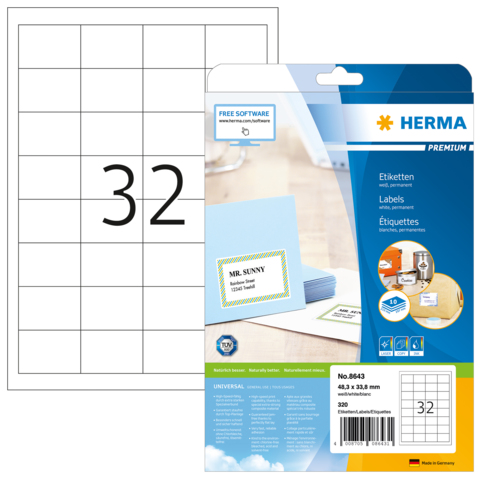 Etikettenpackung von Herma mit 32 Etiketten, inklusive Beispieletikett für "MR. SUNNY" und Hinweis auf kostenlose Software.