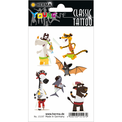 Bunte temporäre Tattoos mit verschiedenen Tierfiguren, darunter ein Pirat, ein Zebra, ein Drache und ein Fledermaus.