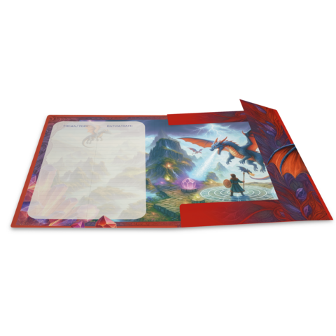 Een open notitieboek met een fantastische landschap, een draak en een reiziger. De linkerkant is leeg voor aantekeningen.