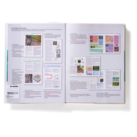 Offene Buchseiten mit Text und Diagrammen zu verschiedenen Themen, darunter Natur und Biologie, sowie Illustrationen und Tabellen.