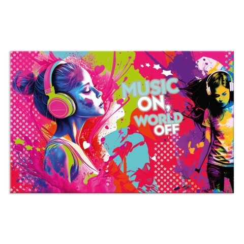 Zwei Mädchen mit Kopfhörern, umgeben von bunten, abstrakten Mustern. Text: "MUSIC ON WORLD OFF".