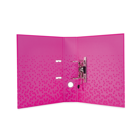Ein pinker Ordner mit einem geometrischen Muster, der geöffnet ist und einen Mechanismus zum Einheften von Dokumenten zeigt.