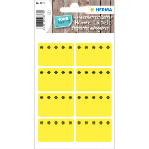 Gelbe Etiketten mit schwarzen Blumenmotiven, geeignet für die Beschriftung von Haushaltsgegenständen. Zehn Aufkleber auf einem Bogen.