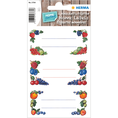 Fruchtetiketten mit bunten Illustrationen von Beeren, Trauben und anderen Früchten, versehen mit leeren Linien zum Beschriften.