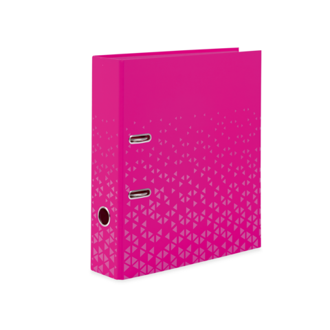 Ein pinker Ordner mit einem geometrischen Muster, der zwei Öffnungen für Kabel und einen Anschluss auf der Vorderseite hat.