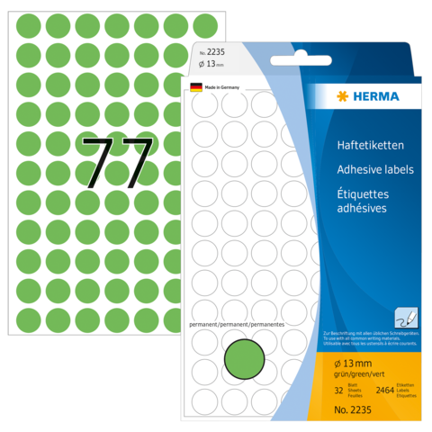 Grüne Haftetiketten mit einer Größe von 13 mm, verpackt in einer Blisterverpackung, mit der Nummer 2235.