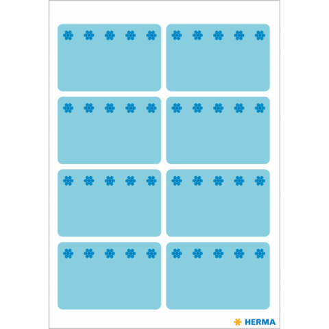 Blaues Etikettenblatt mit zehn leeren Feldern, verziert mit blauen Blumen am oberen Rand. Ideal zum Beschriften oder Dekorieren.