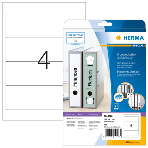 Ordneretiketten von Herma mit Platz für Beschriftungen, einschließlich der Kategorien „Finanzen“ und „Rezepte“. Enthält 100 Etiketten.