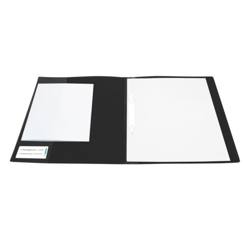 Schwarze Ordnermappe mit einem transparenten Fach auf der linken Seite und einem weißen Fach auf der rechten Seite.