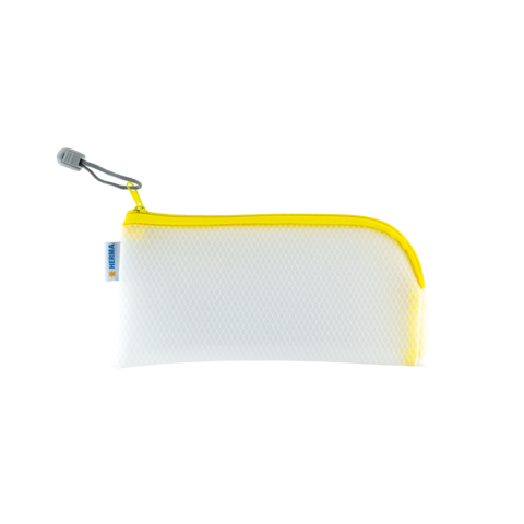 Ein transparenter Federmäppchen mit gelbem Reißverschluss und grauem Zipper. Ideal für Stifte und kleine Schreibutensilien.