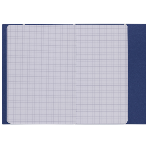 Ein offenes kariertes Notizbuch mit blauen Einband und leeren, quadratischen Kästchen auf beiden Seiten.