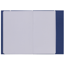 Ein offenes kariertes Notizbuch mit blauen Einband und leeren, quadratischen Kästchen auf beiden Seiten.