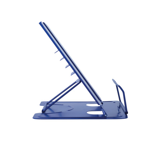 Blauer Laptop-Ständer in aufrechter Position, mit mehreren Einstellmöglichkeiten für den Neigungswinkel.