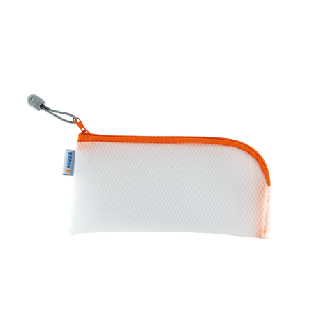 Ein weißes Federmäppchen mit orangefarbenem Reißverschluss und grauem Zipper.