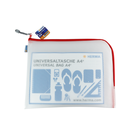 Universaltasche A4+ mit Reißverschluss, bedruckt mit verschiedenen Symbolen und Informationen zur Verwendung.