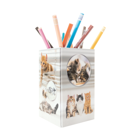 Ein Stiftbehälter mit Katzenmotiven, gefüllt mit bunten Stiften in verschiedenen Farben.