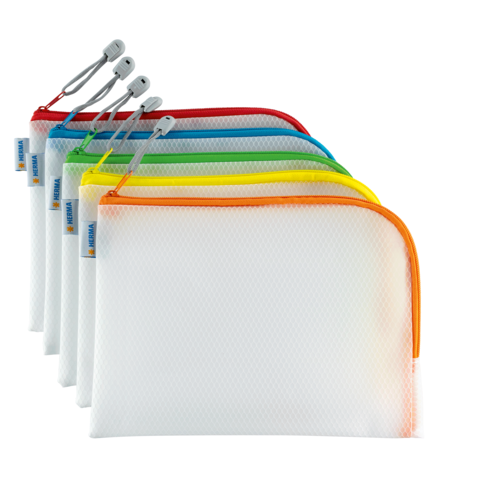 Sechs durchsichtige Taschen in verschiedenen Farben mit Reißverschlüssen, geeignet zur Aufbewahrung von Schreibwaren oder kleinen Gegenständen.