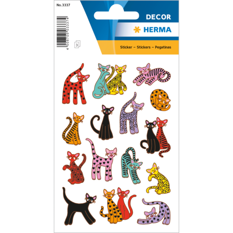 Bunte Katzenaufkleber in verschiedenen Posen und Farben, einschließlich gestreifter und gepunkteter Designs.