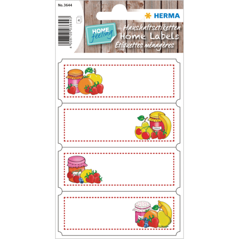 Hausetiketten mit bunten Illustrationen von Obst und Marmelade, geeignet für die Beschriftung von Lebensmitteln.