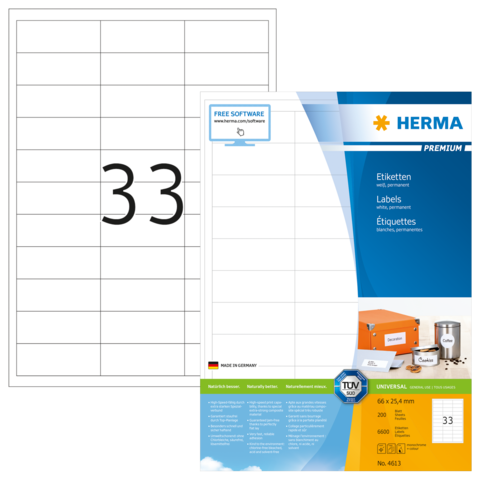Etikettenblatt mit der Nummer 33, präsentiert von Herma, mit Informationen zu Größe und Verwendung.