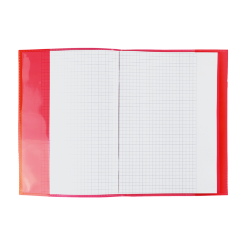 Ein offenes kariertes Heft mit leeren Seiten in einem roten Umschlag.