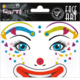 Gesichtsmalerei mit bunten Glitzerakzenten, die ein Clownsgesicht darstellt, inklusive Augen, Mund und dekorativen Elementen.