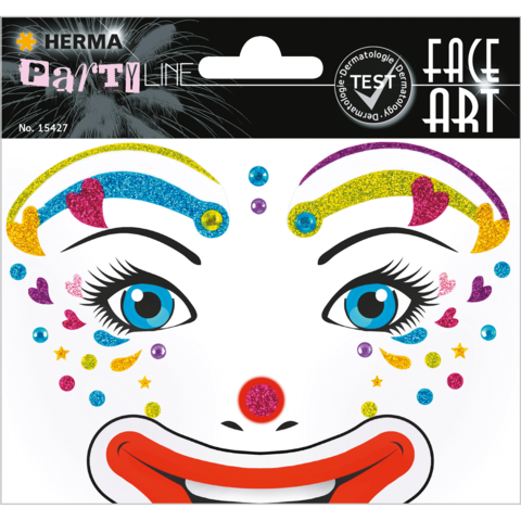 Gesichtsmalerei mit bunten Glitzerakzenten, die ein Clownsgesicht darstellt, inklusive Augen, Mund und dekorativen Elementen.