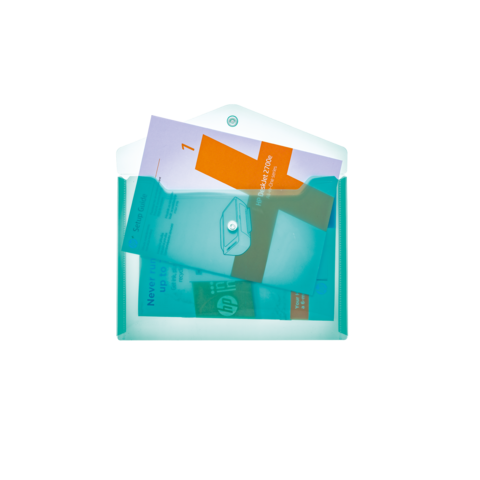 Transparente Mappe mit mehreren Dokumenten in verschiedenen Farben, darunter orange und blau, sichtbar im Inneren.