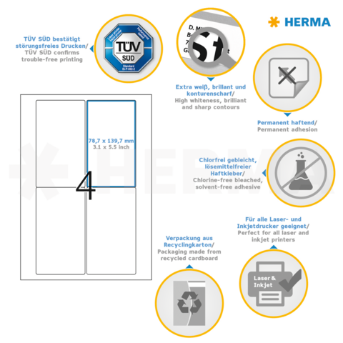 Etikettenbeschrijving met technische details: Afmetingen 78,7 x 139,7 mm, permanent hechtend, chloorvrij, geschikt voor laser- en inkjetprinters.