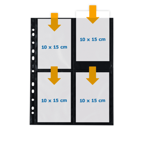 Ein Fotohalter mit vier transparenten Taschen für Fotos im Format 10 x 15 cm, mit Pfeilen, die die Einführrichtung anzeigen.