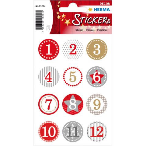 Aufkleber mit Zahlen von 1 bis 12 in verschiedenen Farben und Mustern, einschließlich rot, grau und gold.