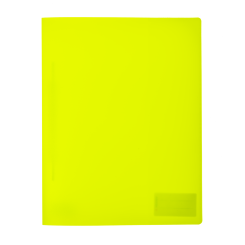 Helle, transparente, gelbe Kunststoffmappe mit einer glatten Oberfläche und einer kleinen Beschriftungsfläche in der unteren Ecke.