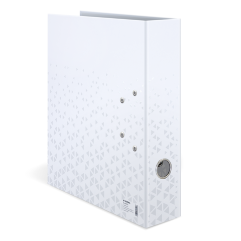 Weißer Ordner mit geometrischem Muster und einer runden Öffnung auf der Seite. Ideal für die Aufbewahrung von Dokumenten.