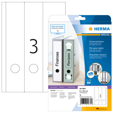 Ordneretiketten von Herma, mit Beschriftungen für "Finanzen" und "Rezepte", inklusive Softwarehinweis. Verpackung zeigt zwei Ordner.