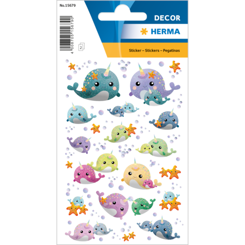 Bunte Aufkleber von Narwalen und Seesternen in verschiedenen Farben und Größen auf einem weißen Hintergrund.