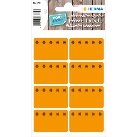 Orangefarbene Etiketten mit Blumenmuster, verpackt in einer Blisterkarte. Ideal für die Beschriftung von Haushaltsgegenständen.
