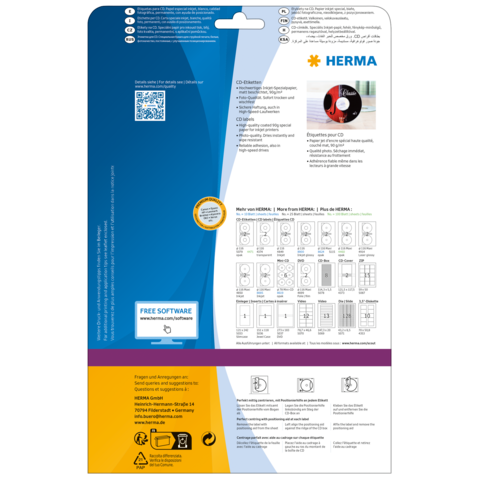 Rückseite einer Verpackung für CD-Etiketten von HERMA mit Anweisungen, QR-Code und Hinweisen zur kostenlosen Software.