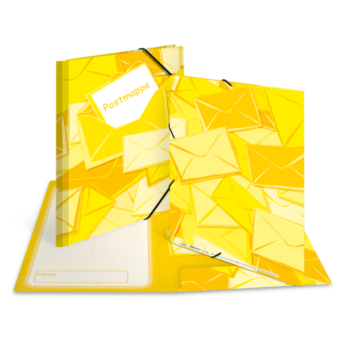 Gelbe Postmappe mit einem Muster aus Briefumschlägen, geöffnet und auf einem Tisch liegend, zeigt Platz für Dokumente.