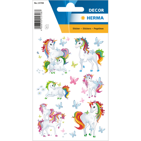 Bunte Einhorn-Sticker mit verschiedenen Designs, umgeben von Schmetterlingen und Blumen. Ideal für Dekoration oder Bastelprojekte.
